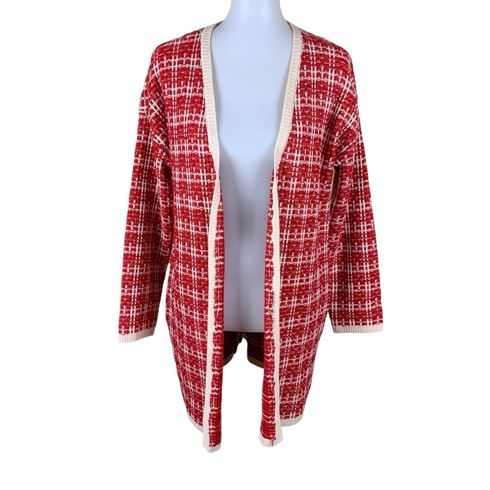 Calligraphie Red White Open Knit Cardigan Longline Cozy‎ Women M